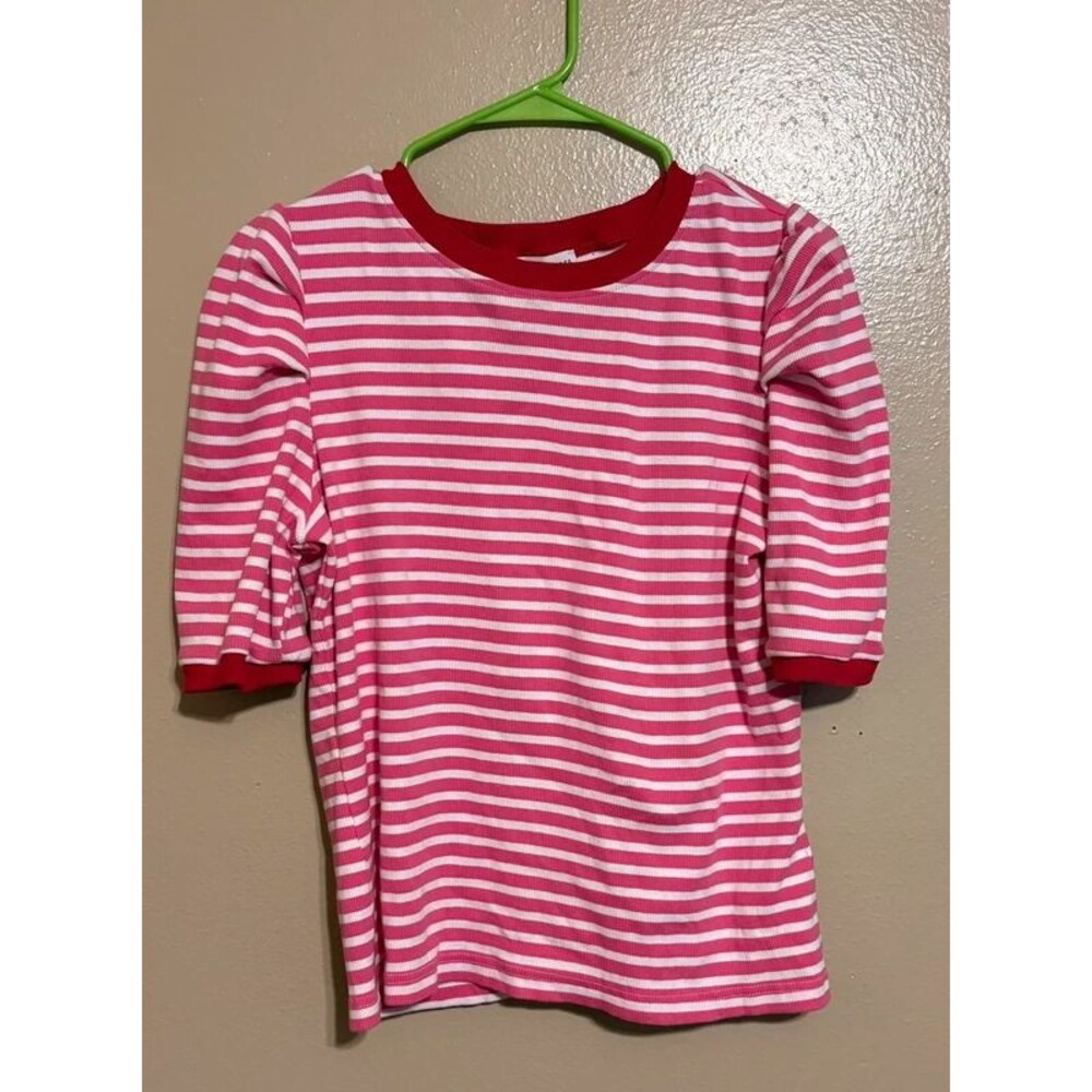 Rebecca Minkoff Women's Soft Rib Knit Puff Half Sleeve Top Pink Red Stripe L